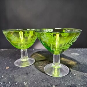 Michael Weems Green Hand Blown Glass Etched Margarita Sherbet Cups Set 2 Glasses